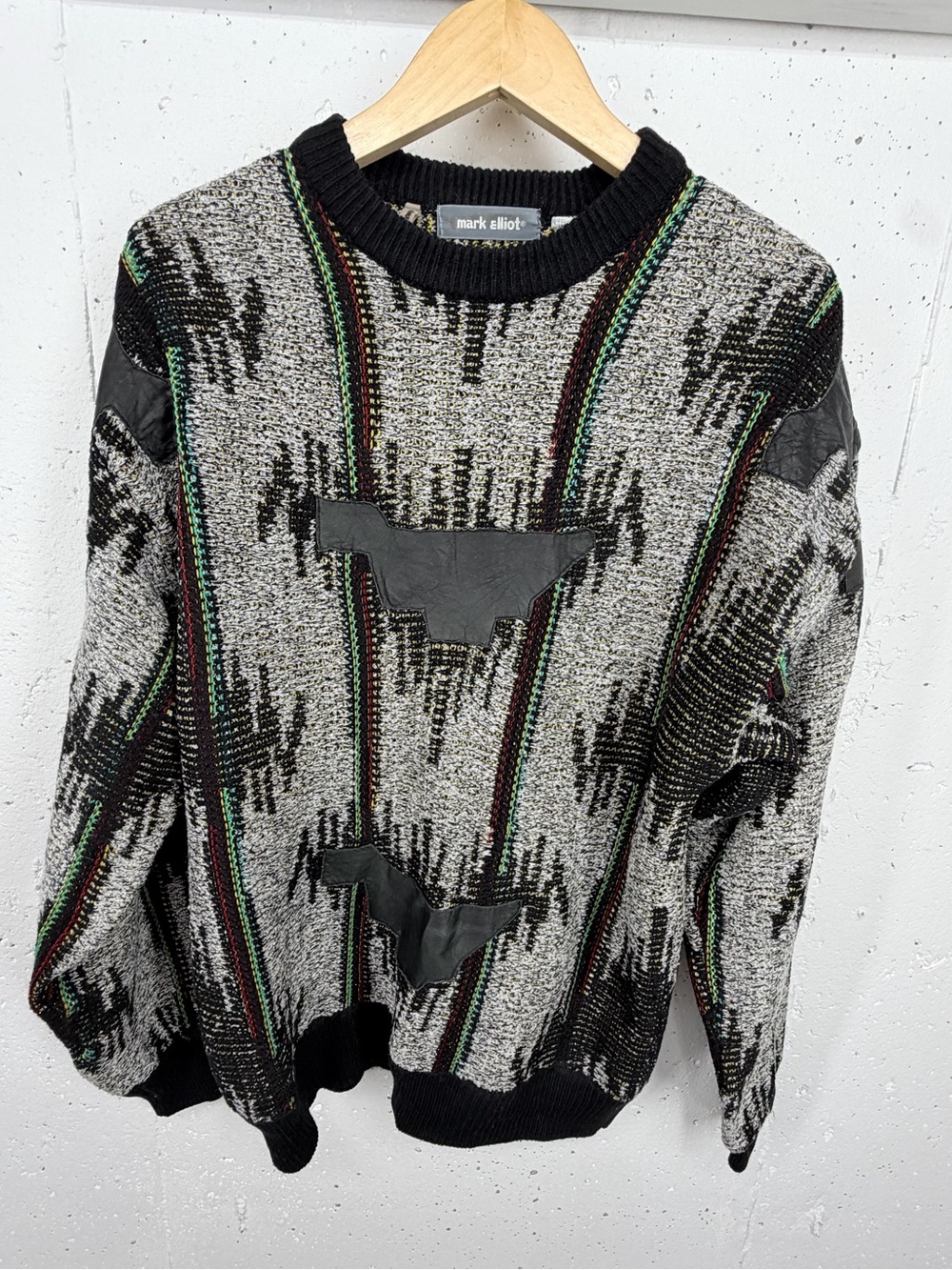 Vintage Mark Elliot Men’s Medium Rasta Stripe Leather Patches Sweater